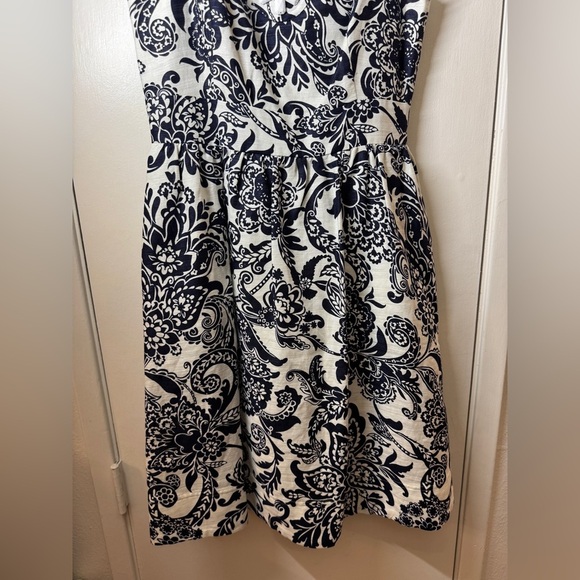 Eliza J Floral Beaded Neckline Dark Navy Blue White Linen Blend Mini Dress M - Picture 8 of 17